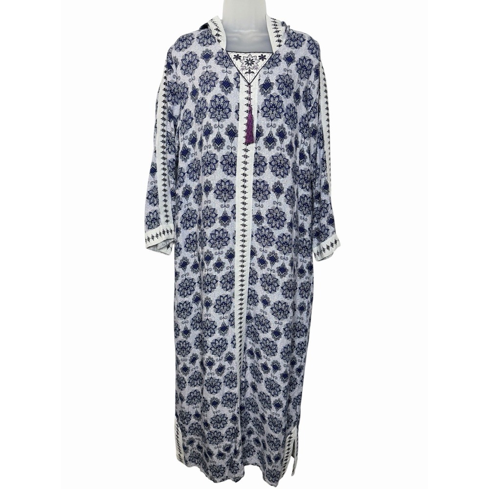 ASA Blue Boho Floral Caftan Hooded Dress L Tassel Tunic Midi Resort Cover Up